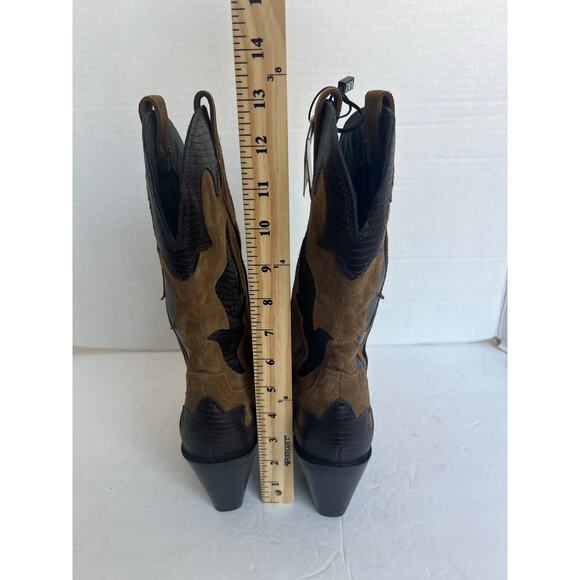 Zara Combined Split Suede Leather Cowgirl Pull On Pointed Toe Mid Calf Boot READ - Picture 7 of 10